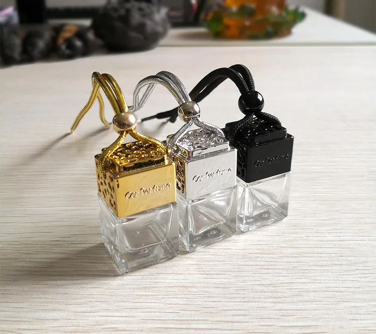 Cube Hollow Car Perfume Bottle Rearview Ornament Hanging Air Freshener For Essential Oils Diffuser Fragrance Empty Glass Bottle Pendant