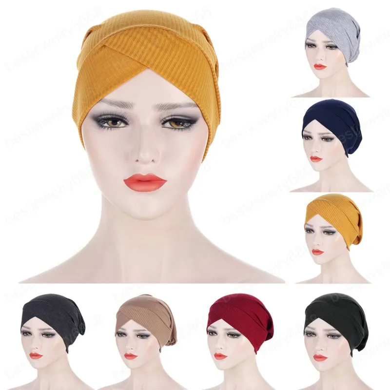 Solid Color Forehead Cross Hidżab Czapki Dla Kobiet Indie Wrap Głowy Szalik Turban Bonnet Stretch Muzułmańskie Hijabs Bottom