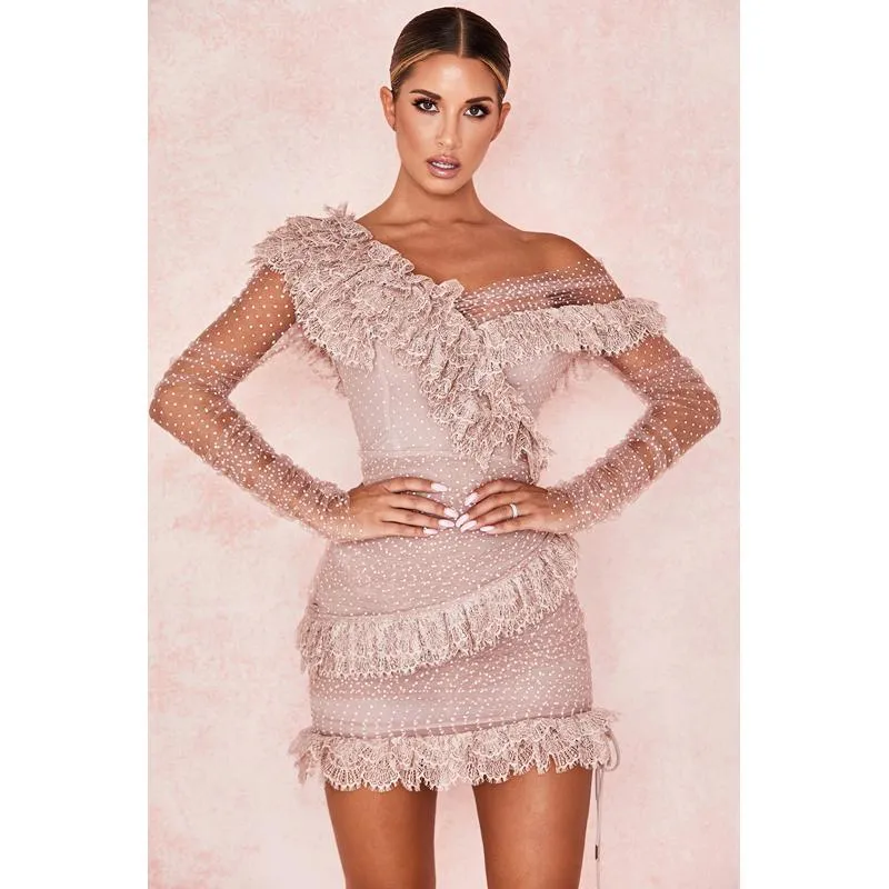 Blush Lace Frill Bandage Dress Women Mesh Sexy Off Shoulder Long Sleeve Pink Lace Bodycon Dress Night Club Party Polka Dot