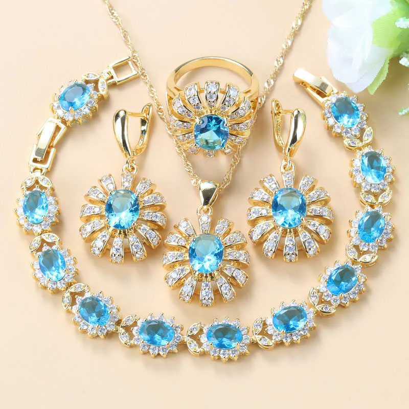 Romantico zircone blu cielo festa nuziale grande set di gioielli giallo oro colore abito a quattro pezzi orecchini pendenti / bracciale e anello H1022