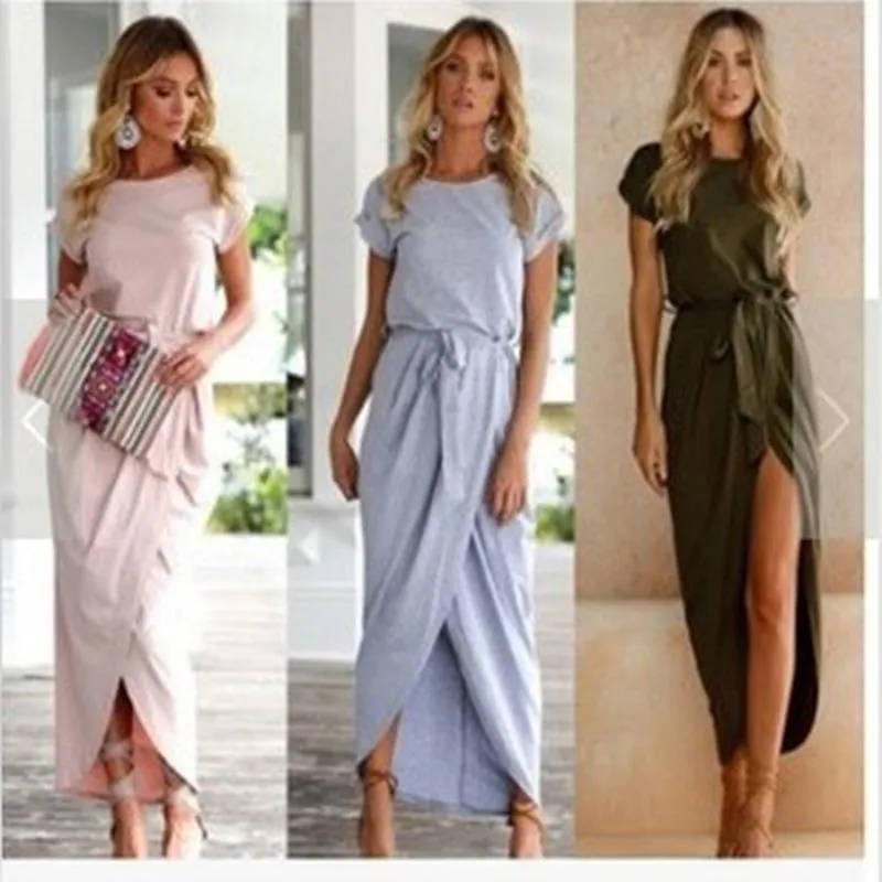 Casual Dresses 2021 Explosive Round Neck Irregular Solid Color Reverse Sleeve Flat Tie Dress Long Skirt