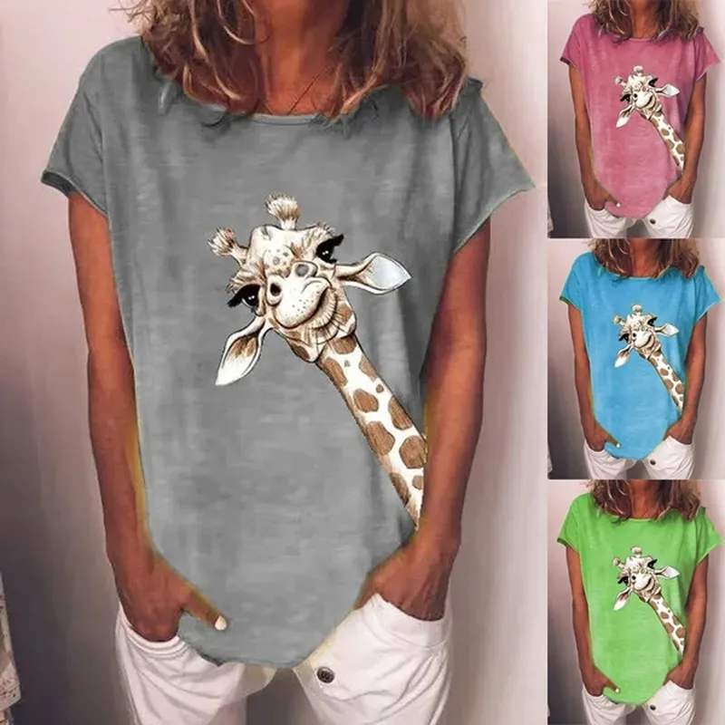 Summer Shirt Kobiety Moda Comfy Cute Giraffe Print Z Krótkim Rękawem Okrągły Neck Koszulka Casual Streetwear Oversize Kobiet Top Koszule 210310