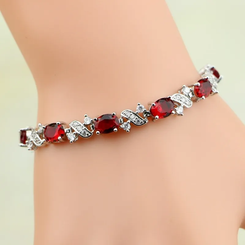 Water Dorp Red Cubic Zirconia White CZ Silver Color Jewelry Charm Bracelet Christmas Women Gifts Box S028