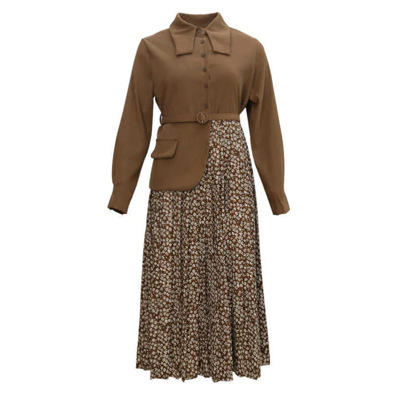 PERHAPS U Women Black Brown Turn Dwon Collar Floral Print Long Sleeve Pocket Sash Midi Mid-calf Shirt Dress Elegant Autumn D1516 210529