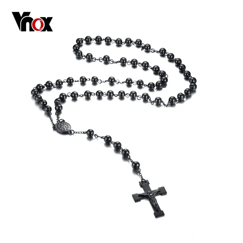 Vnox Mens Chain Bead Rosary Cross Necklace Stainless Steel Black Jesus Christ Charm Male Jewelry