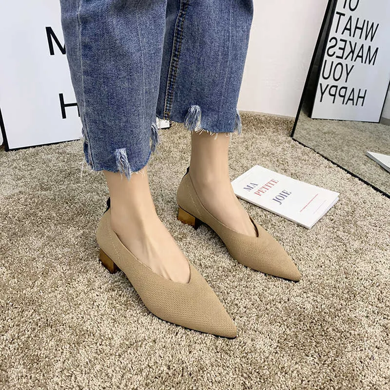 EOEODOIT Fashion Stretchy Knit Fabric Pumps Shoes Pointed Toe Med Chunky Gold Heels Slip On Autumn Lady Office Casual Work Shoes Y0611