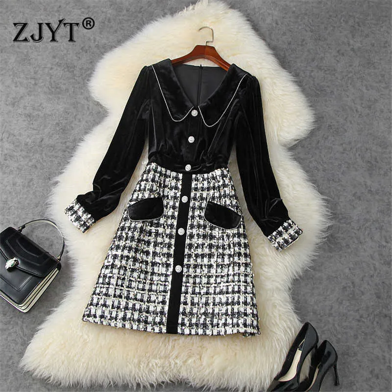 Runway Moda Jesień Zima Frezowanie Velvet Patchwork Tweed Woolen Sukienka Kobiety Z Długim Rękawem Vintage Vestidos Party Robe Femme 210601