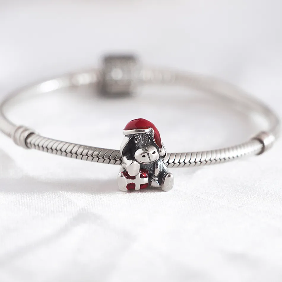 Autentico cappello smaltato argento S925 e confezione regalo Eeyore Christmas Bead Charm fit Lady Bracciale Bangle gioielli fai da te Q0531