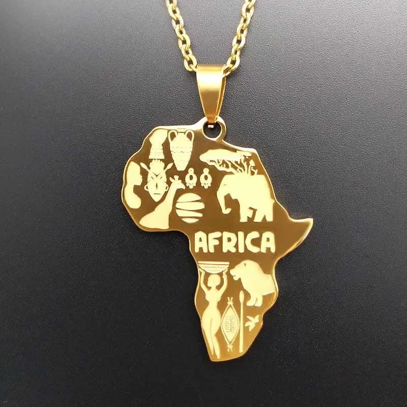 Fashion Hip Hop Stainless Steel Necklace Africa Map Animal Pattern Pendant for Women Men Long Chain Jewelry Wholesale