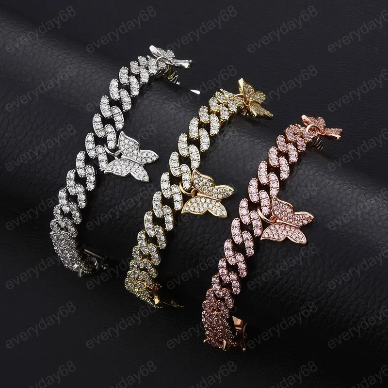 Jewelry Butterfly Charm Bracelets Cuban Link Bracelet Iced Out Cubic Zirconia Wristbans Hip Hop Chains Birthday Gifts For Women