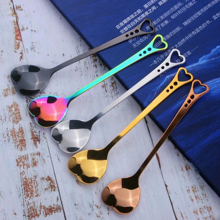 NEW Colorful Heart Shape Stainless Steel Coffee Spoon Dessert Sugar Stirring Spoons Ice Cream yogurt Honey-Spoon Kitchen Wholesale SN6218