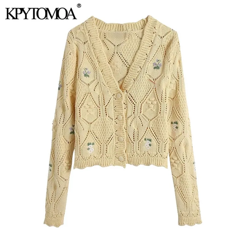 Kpytomoa Damesmode Bloemen Borduurwerk bijgesneden Gebreide Cardigan Sweater Vintage Lange Mouw Vrouwelijke Bovenkleding Chic Tops 210812