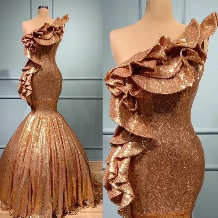 2021 Rose Gold Sequins Evening Dresses Ruffles One Shoulder Mermaid Golvlängd Skräddarsy Made Prom Party Ball Gown Plus Size Vestido