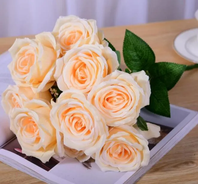 Slap-up rose bouquet Big flower head silk rose 9 Heads Artificial Rose Flowers with Leaf for wedding Home decorations