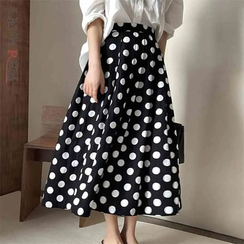 White Skirt Black Polka Dots High Waist A Line Skirt, Flowy Summer