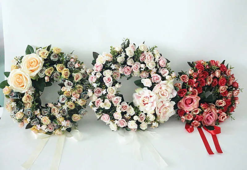 Flone Aritificial Door Knocker Simulation Silk Rose Flowers Wreath Foam Straw Garland For Wedding Home Party decoration (12)