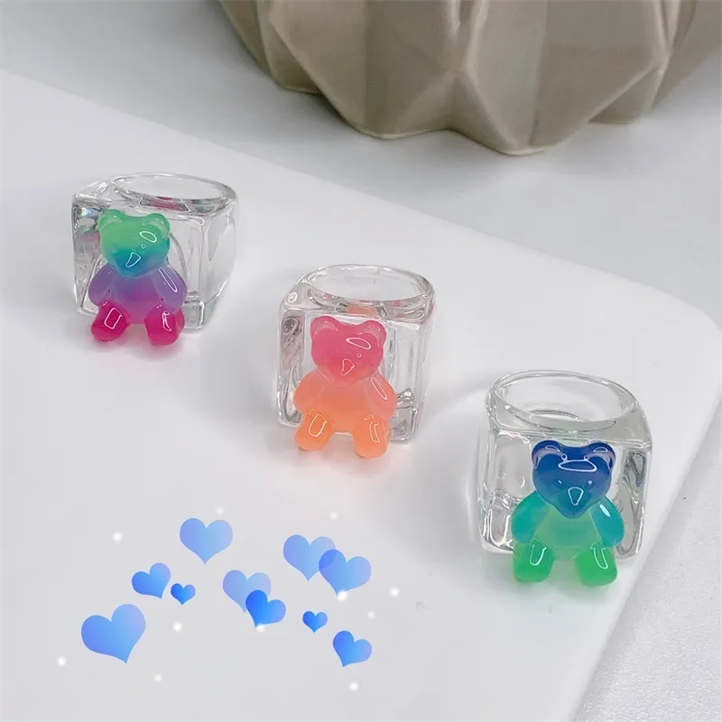 10st Colorful Bear Transparent harts s för kvinnor Vintage Candy Color Cartoon Finger 2021 Fashion Ring