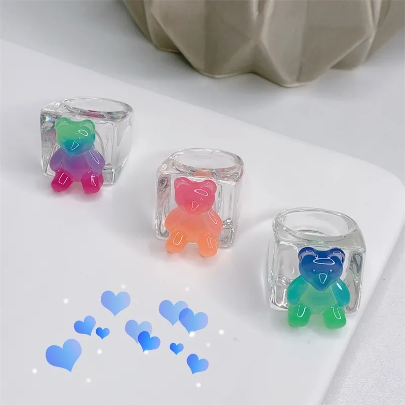 10 pcs colorido urso transparente resina s para mulheres vintage doce cor desenhos animados dedo 2021 anel de moda