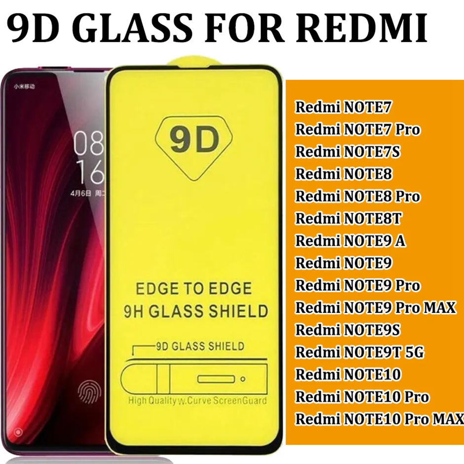 9D 풀 커버 강화 유리 화면 보호기 Red Mi Redmi 참고 7 Pro 7S 노트 8 8T 노트 9 9A 최대 9S 9T NOTE10 10 PRO