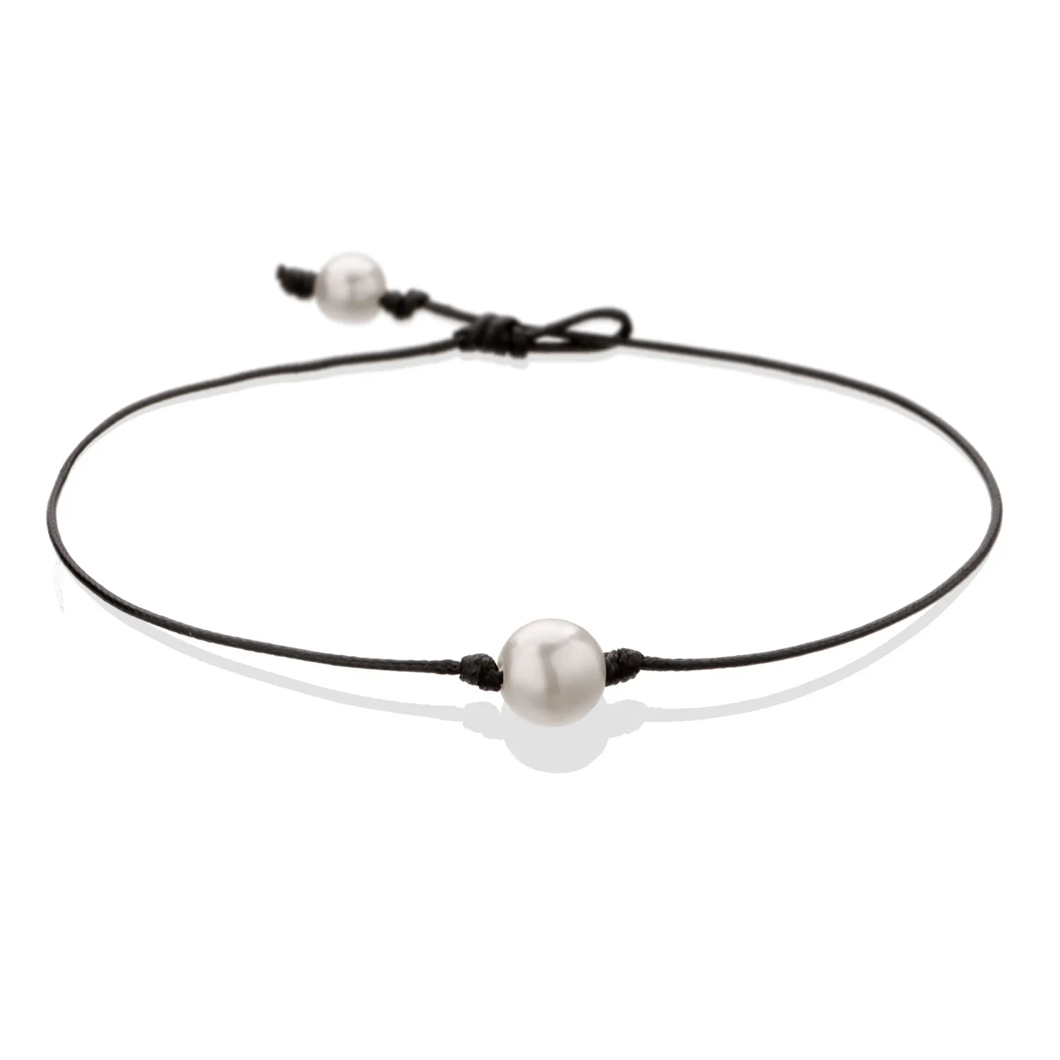 Pearl Single Cultured Freshwater Pearls Necklace Choker for Women Genuine Leather Jewelry Handmade, Black, 14 inches