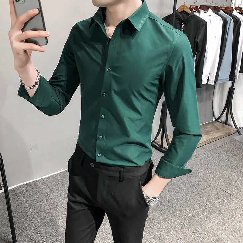 Fasta färgskjortor män affärer casual klänning skjorta formellt kontor arbete kläder långärmad slim streetwear social chemise homme 210527