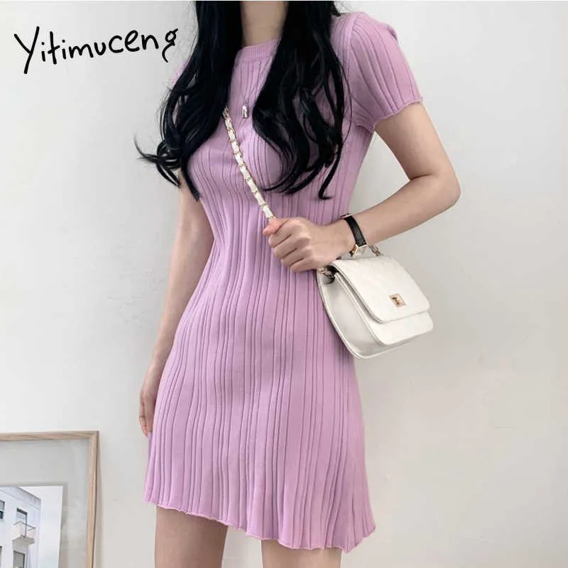 Yitimuceng Vestidos vintage para mulheres de tricô de verão listrado mini vestido coreano moda escritório senhora manga curta sundress 210601