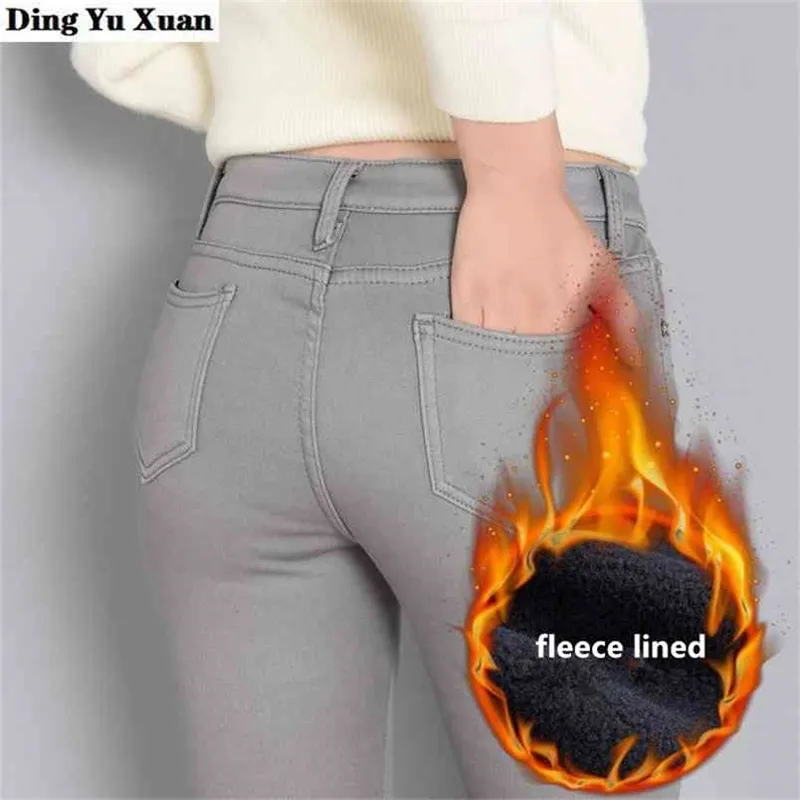 Inverno quente veludo engrossar mulheres cintura alta cintura magro cangings bolso lã alinhada jeans termal denim lápis calças 210708