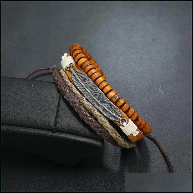 Charm Bracelets Boho Multilayer Leather Cross Feather Beads Bracelet Femme Homme Bead Wrap Men For Women & Bangles Jewelry