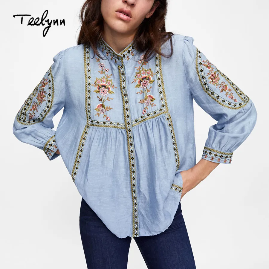 TEELYNN Bule boho blouse autum floral embroidered o-neck puff sleeve boho blouses hippie loose shirt blouse for women top 210225