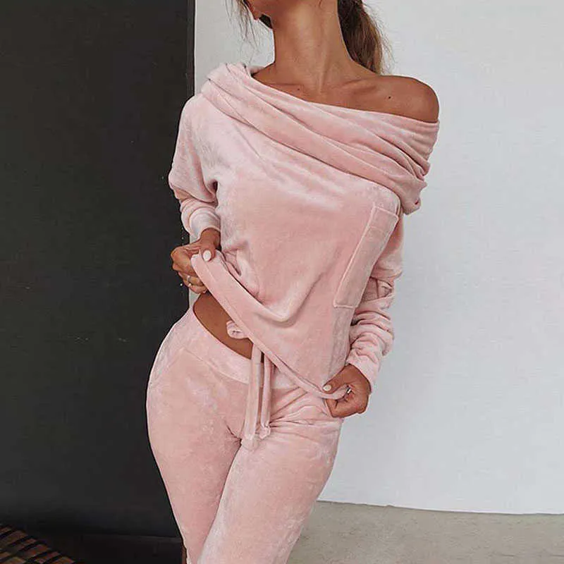 Sonbahar Kadife Lounge Set Kadınlar Iki Parçalı Setleri Kadife Eşofman Bayanlar Sweatsuit 2 Kıyafetler 210930