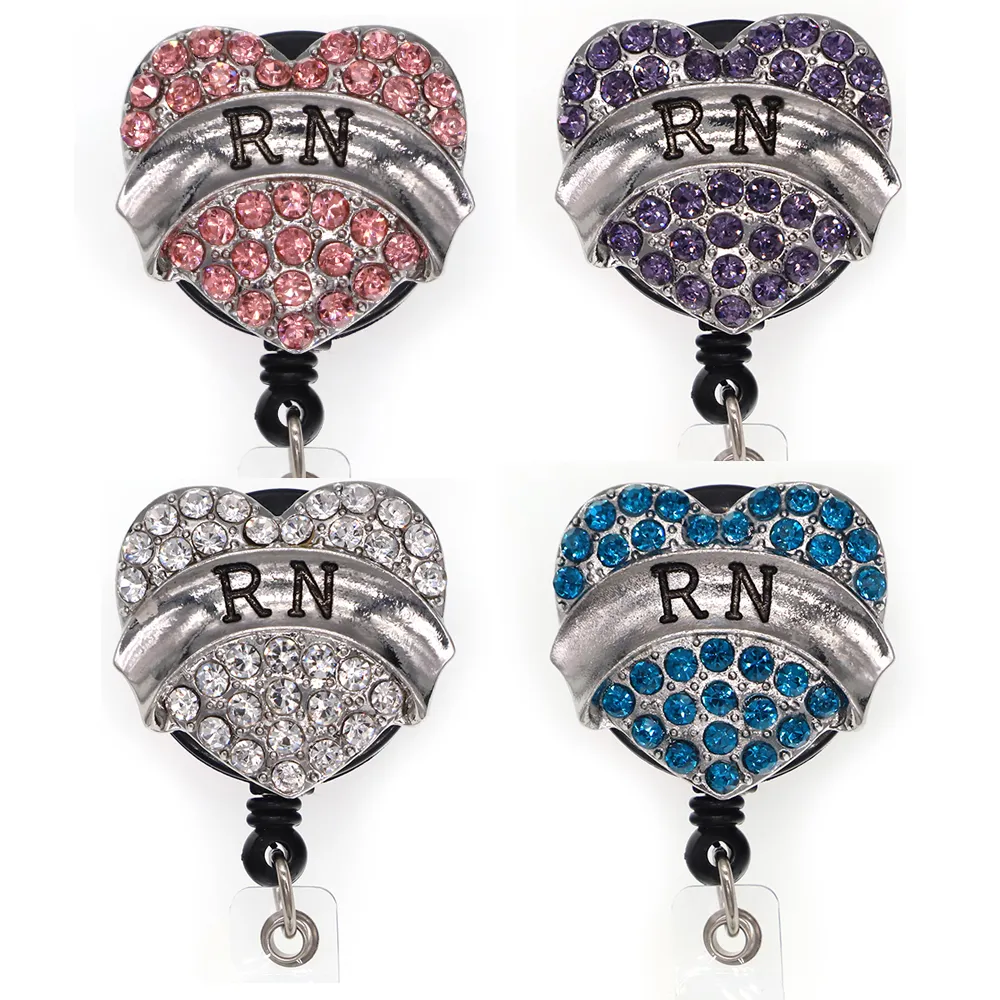 10 datorer/Lot Fashion Key Rings Crystal Rhinestone Heart Shape RN Badge Reel ID Namn Korthållare för sjuksköterska Tillbehör