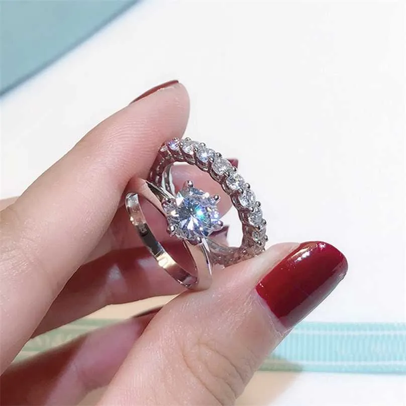 Merk Promise Ring Set Real 100% 925 Sterling Zilver Diamond Engagement Wedding Band Ringen voor Dames Vinger Sieraden 211217