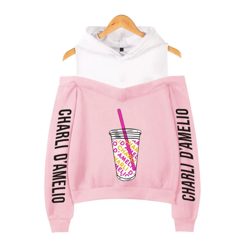 Kvinnors Tröjor Mode Design Charli d'Amelio Women Sweatshirt Girl Kpop Off Shoulder Hoodie Casual Damelio Kläder Girl's