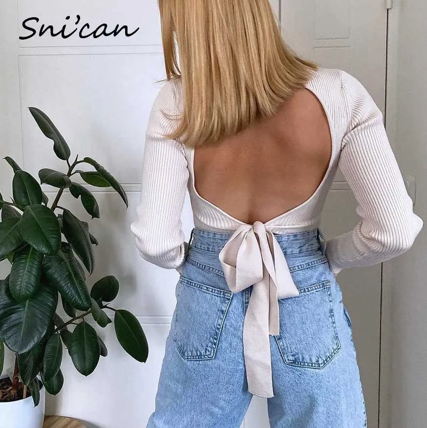 Snican Turtleneck BacklSexy Sweater Spring White Bandage Bow Knitted Pullover Women Blanc Pull Za 2021 Fashion Spring Jumper X0721