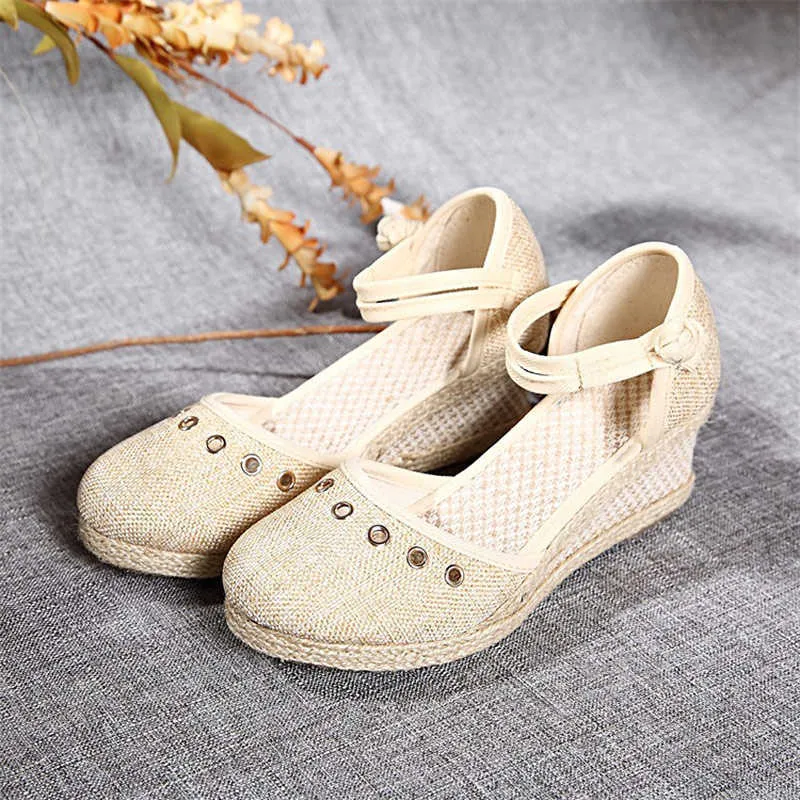 Veowalk Bohemian Summer Women Linne 6cm Wedge Espadrilles Sandaler Handgjorda Ankelband Stäng Toe Ladies Casual Platform Shoes Y0721