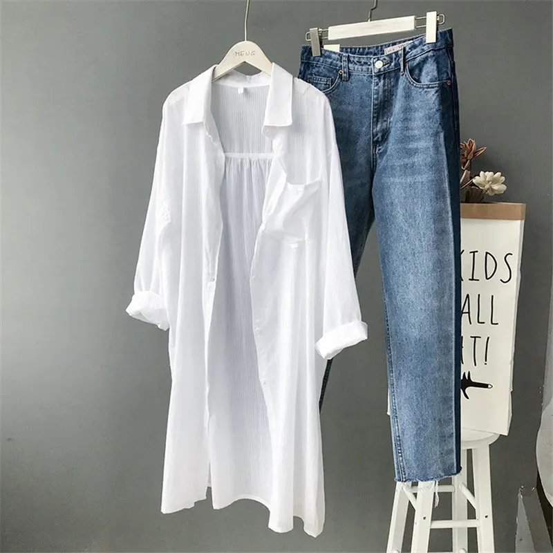 100% Cotton Women Beach White Long Blouse 2019 Spring Women Long Sleeve Shirts Blouse High quality loose Office Long Blouse Tops (1)