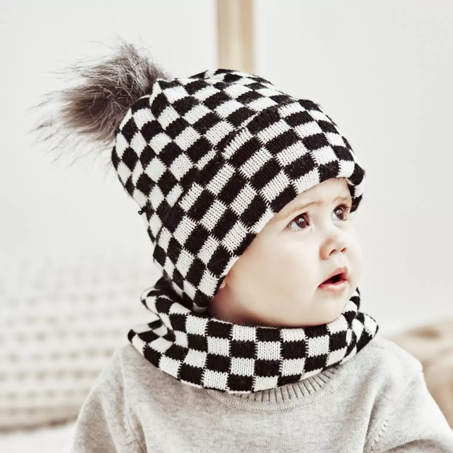 M379 New Autumn Winter Baby Kids Knitted Hat Neck Warmer Set Children Knitwear PLaid Beanie Skull Cap Neckerchief