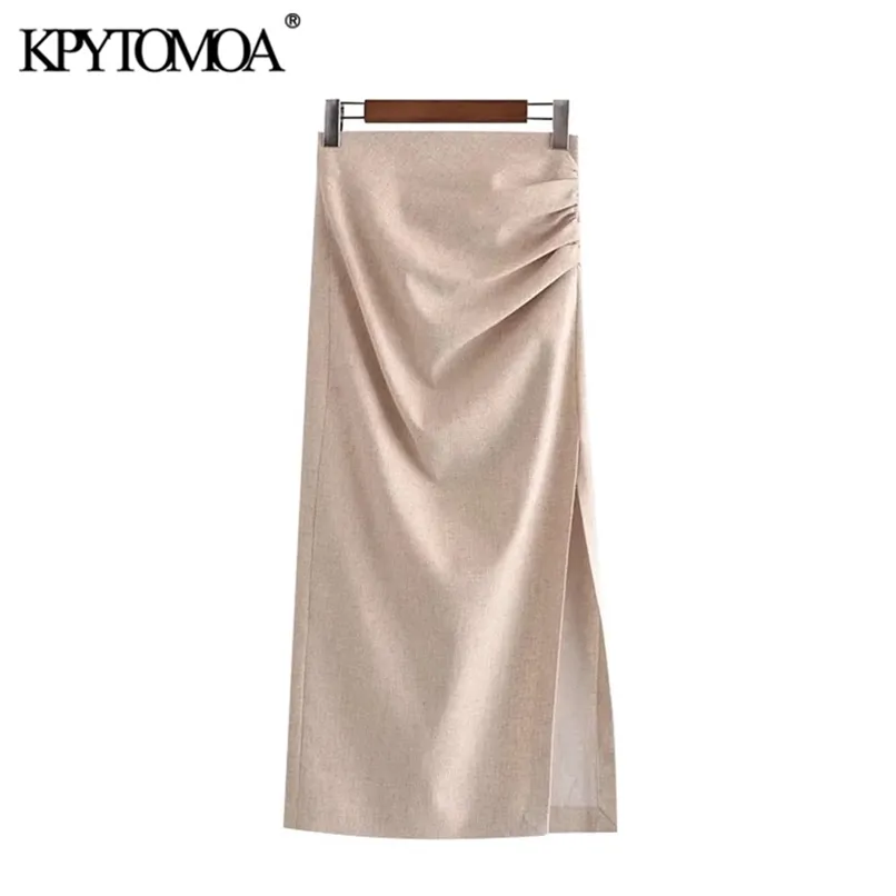 kpytomoaの女性シックなファッションでドレープされたフロントスリットリネンミディスカートビンテージハイウエストバックジッパーの女性のスカートMujer 210619