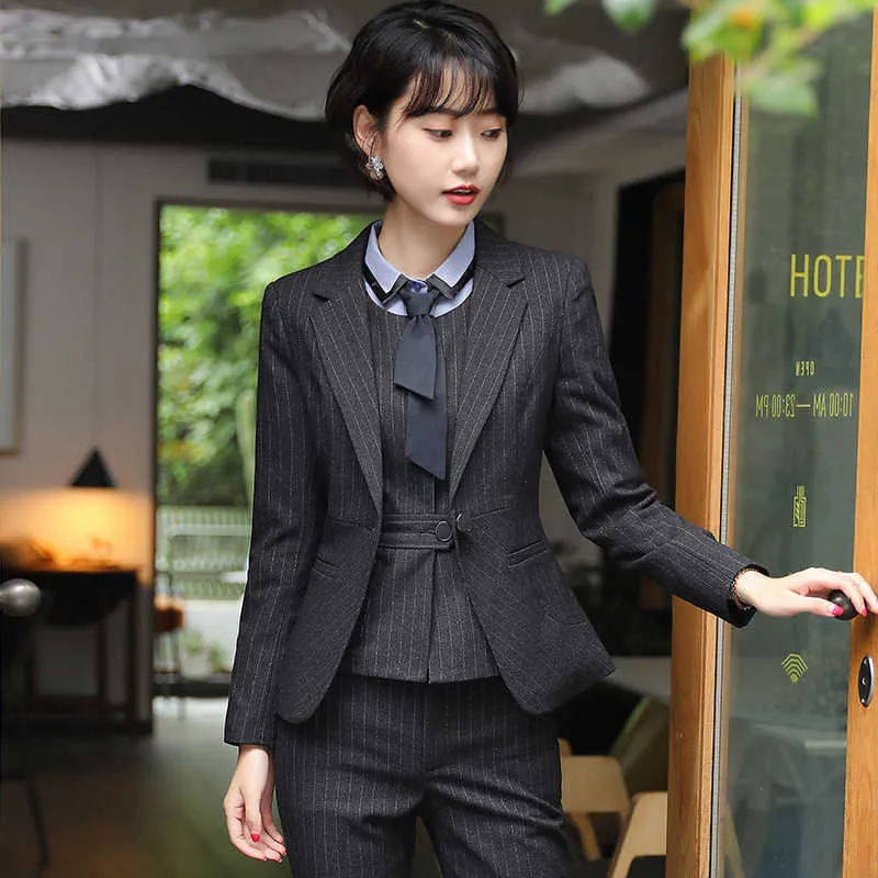 Tenue professionnelle femmes costume mode tempérament rayé pantalon jupe auto-culture bureau entretien ensemble 210527