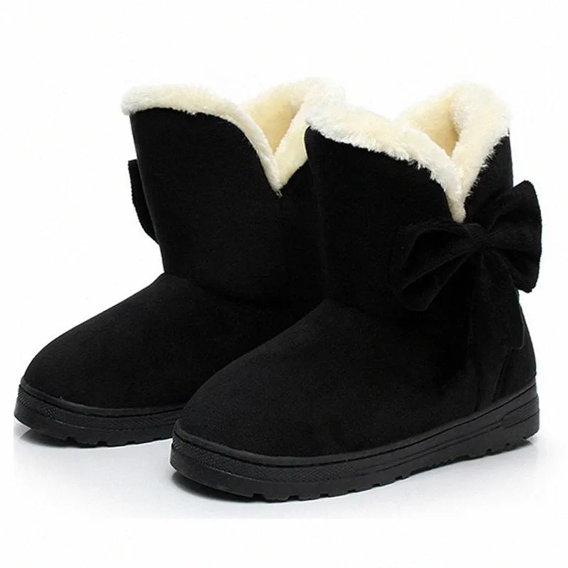 Mulheres neve botas inverno feminino tornozelo aquecedor de pelúcia bowtie pele camurça borracha liso deslizamento na plataforma de moda sapatos de senhoras H37Q #