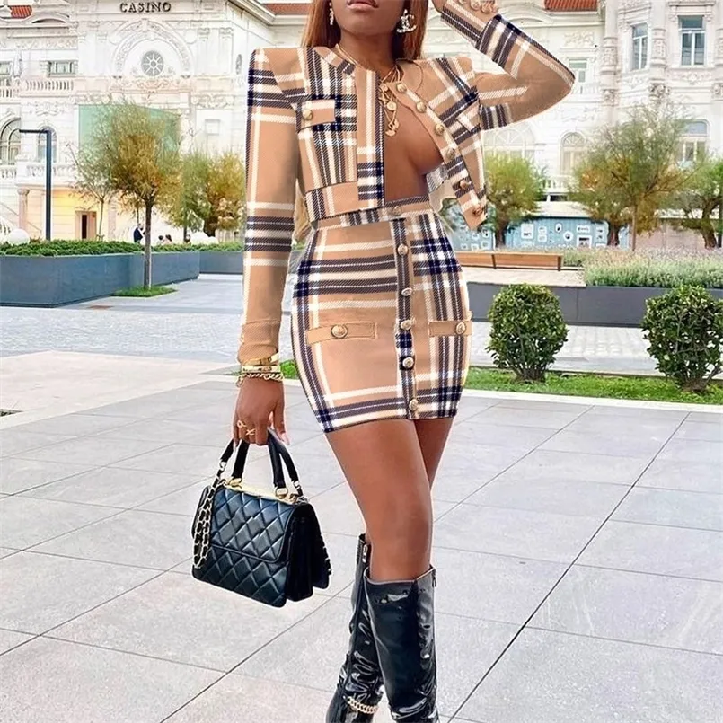 Lady Office Elegant Trugit Houndstooth Blazer Ceket ve İnce Etek Takımlar Kadın Moda İki Parça Set Metal Düğmesi 220221