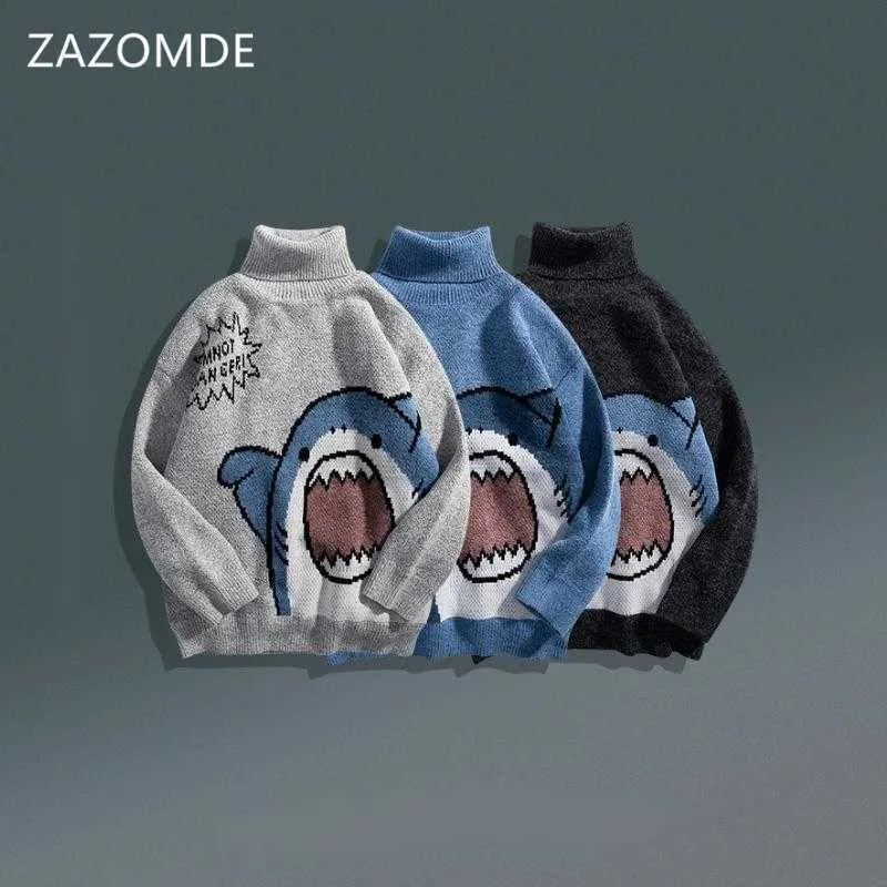 ZAZOMDE Autumn Winter Men Sweater Streetwear Japan Style Cartoons shark Sweater Men Casual Men's Clothing Turtelneck Sweater Men 211014