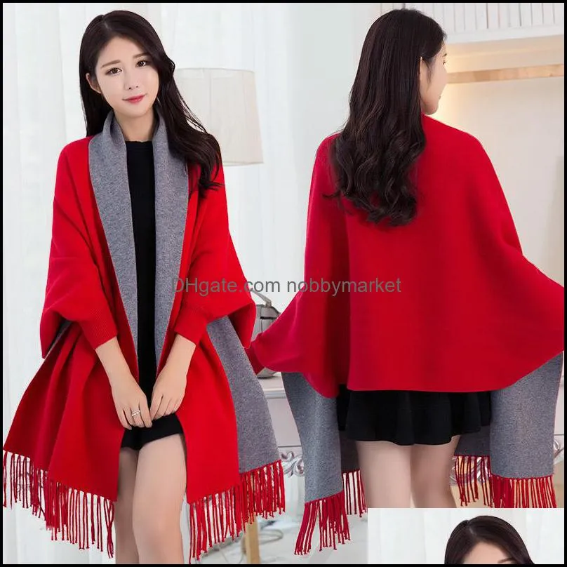 Winter Reversible Ponchos Women Capes Luxury Pashmina Thick Warm Shawl and Wraps Ladies Solid Red Stole Scarf With Sleeves 201026