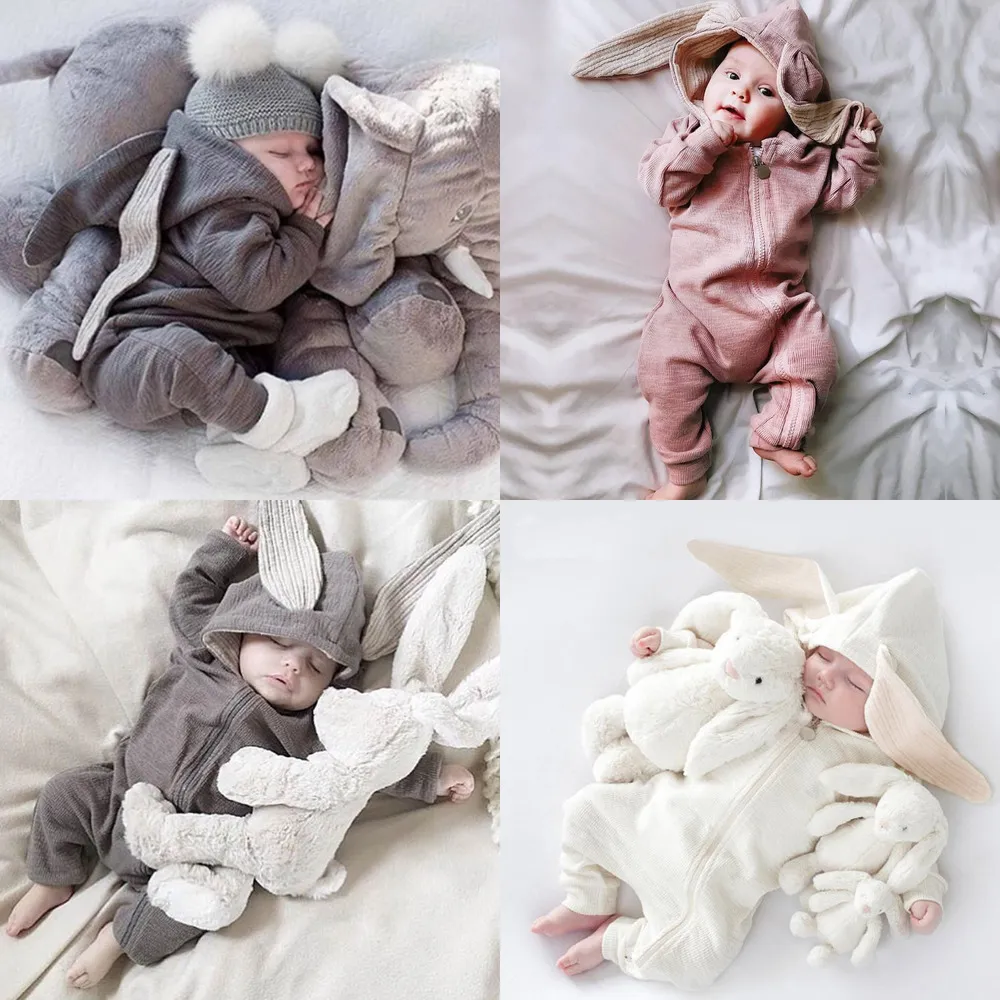 Mamelucos para beb s reci n nacidos Orejas de conejo Sombrero de conejito Mono Mameluco Primavera de punto Cremallera Pantalones de una pieza Onesies