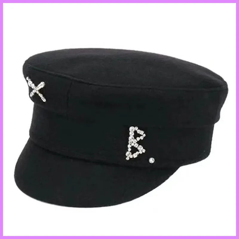 Luxur Designer Rhinestone broderad ull tweed Autumn Winter Navy Hats Girl Bailey Flaty Flat Top Women Mens Caps Casquette D2112033F