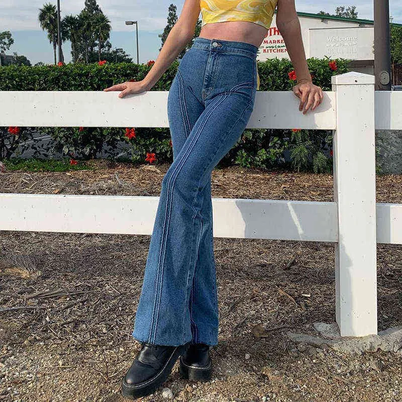Streetwear Striped Blue Chic Flare Jeans For Girls Female Fashion Vintage  Denim Pants Women High Waisted Trouser s 211129