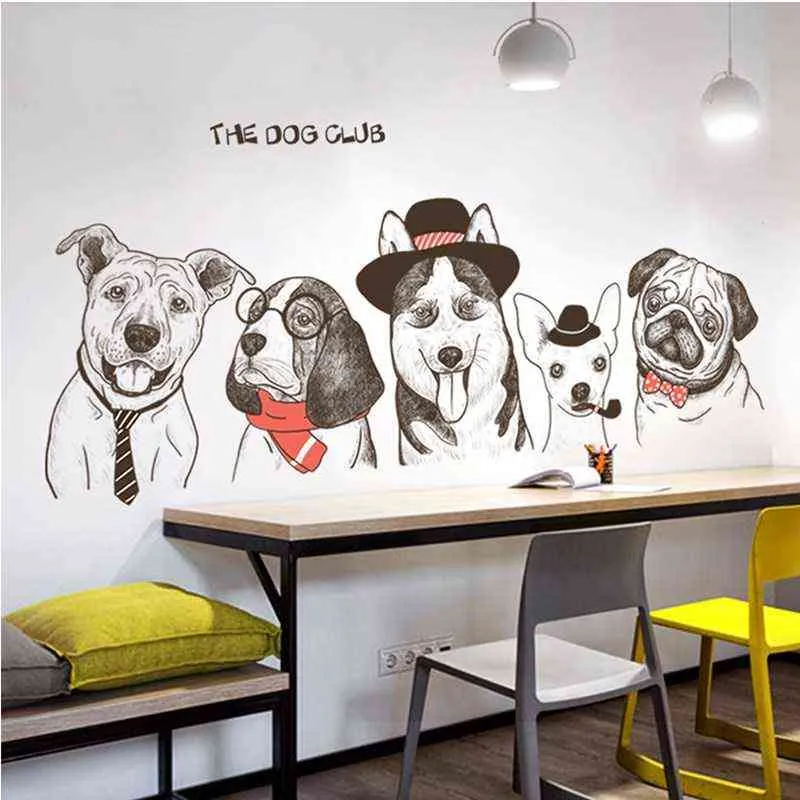 Grappige Dog Club Vinly Muurstickers DIY Dier Zelfklevend Wallstickers voor Tieners Kinderkamer Home Decor Esthetische Decals Poster 211112