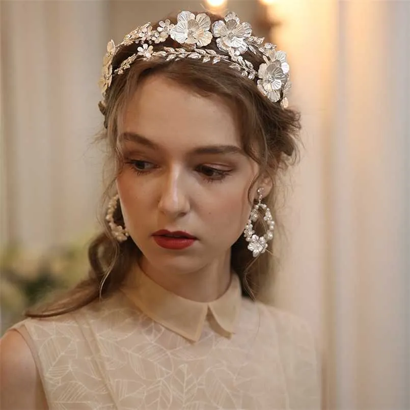 Grande corona nuziale floreale per capelli tiara color argento foglia copricapo da sposa fatto a mano da donna festa di ballo gioielli 211019