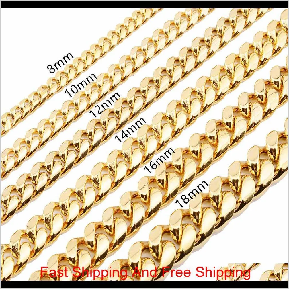 8mm/10mm/12mm/14mm/16mm stainless steel jewelry 18k gold plated high polished  cuban link necklace punk curb chain k3587