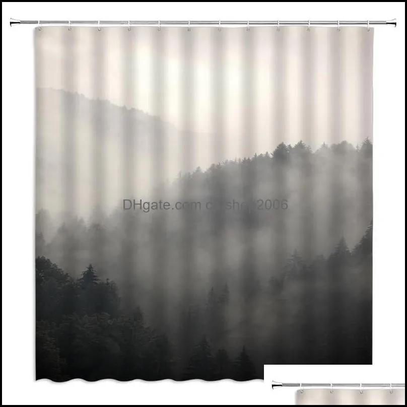 Natural Landscape Shower Curtains Winter Mountain Water Fog Tree 3D Print Bathroom Home Decor Waterproof Polyester Cloth Curtain